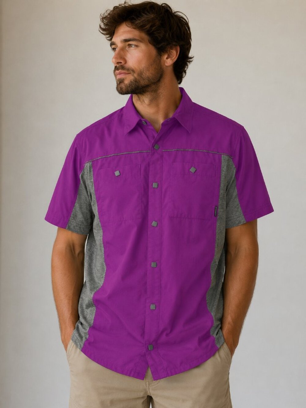 Merrell Gorpcore Men's Hiking Shirt Purple Gray Utility Snap Button Medium